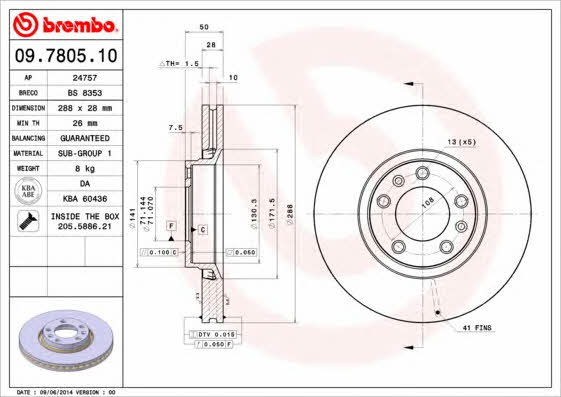 Тормозной диск передний вентилируемый Brembo 09.7805.10