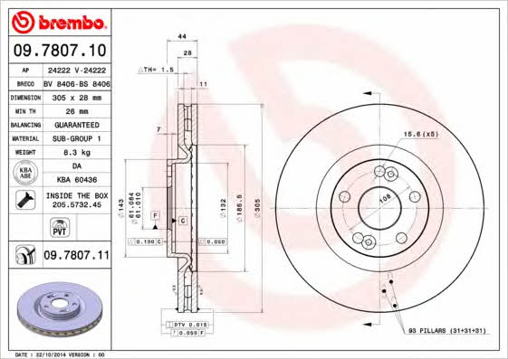 Тормозной диск вентилируемый, 1 шт. Brembo 09.7807.11