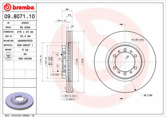 Тормозной диск вентилируемый, 1 шт. Brembo 09.8071.10