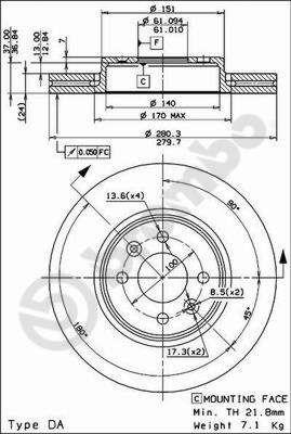 Тормозной диск вентилируемый, 1 шт. Brembo 09.8137.21