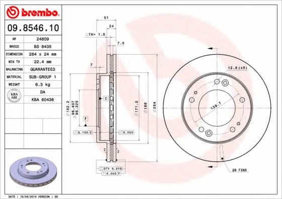 Тормозной диск вентилируемый, 1 шт. Brembo 09.8546.10