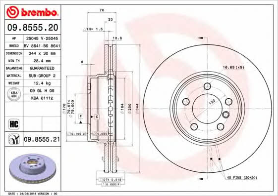 Тормозной диск вентилируемый, 1 шт. Brembo 09.8555.21