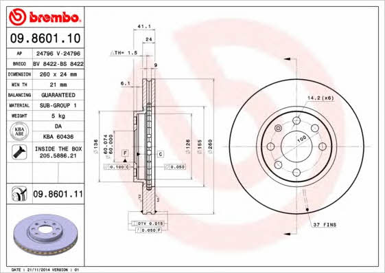 Тормозной диск вентилируемый, 1 шт. Brembo 09.8601.10