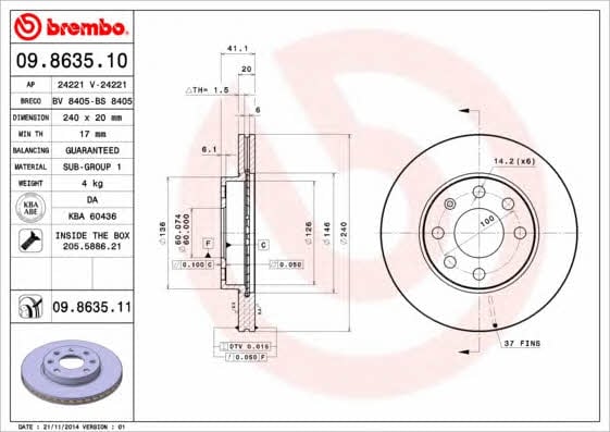 Тормозной диск вентилируемый, 1 шт. Brembo 09.8635.10