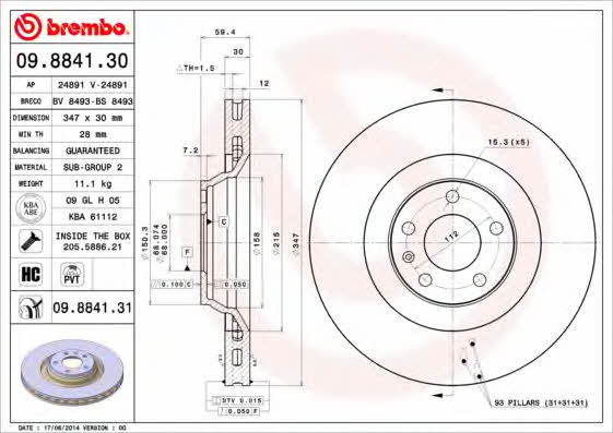 Тормозной диск вентилируемый, 1 шт. Brembo 09.8841.31