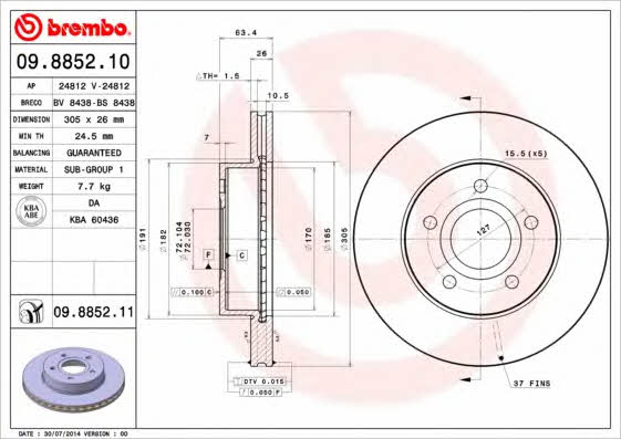 Тормозной диск вентилируемый, 1 шт. Brembo 09.8852.11