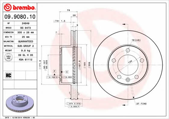 Тормозной диск вентилируемый, 1 шт. Brembo 09.9080.10
