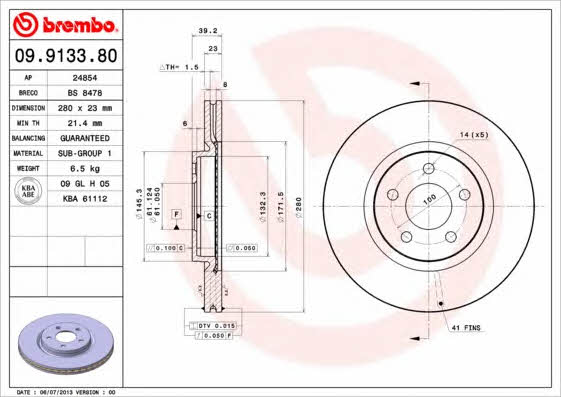 Диск гальмівний вентильований, 1 шт. Brembo 09.9133.80