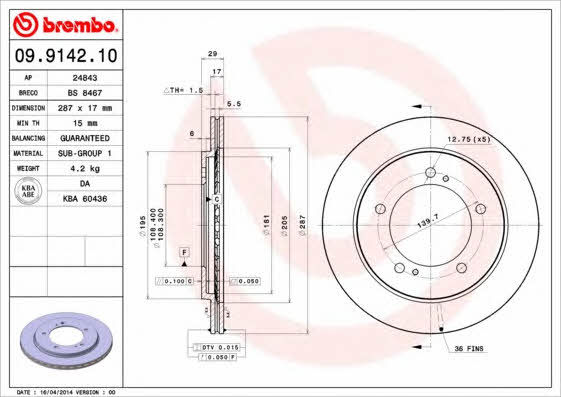 Тормозной диск передний вентилируемый Brembo 09.9142.10