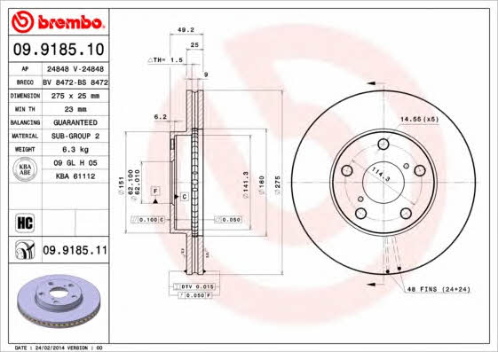 Тормозной диск вентилируемый, 1 шт. Brembo 09.9185.10