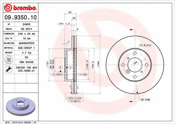 Тормозной диск передний вентилируемый Brembo 09.9350.10
