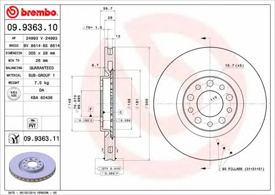Тормозной диск вентилируемый, 1 шт. Brembo 09.9363.11