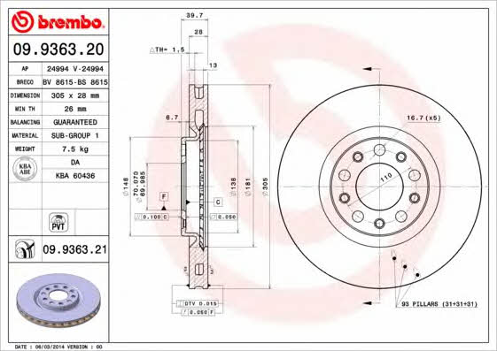 Тормозной диск вентилируемый, 1 шт. Brembo 09.9363.21