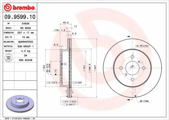 Тормозной диск вентилируемый, 1 шт. Brembo 09.9599.10
