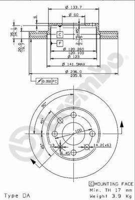 Тормозной диск вентилируемый, 1 шт. Brembo 09.9607.14