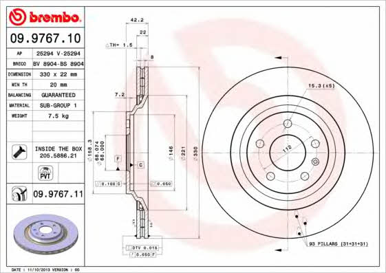 Тормозной диск задний вентилируемый Brembo 09.9767.11