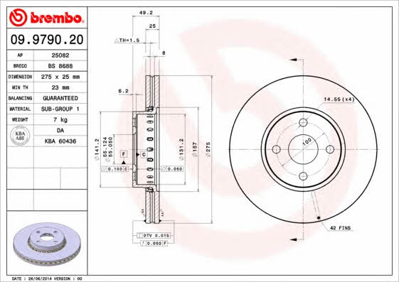 Тормозной диск вентилируемый, 1 шт. Brembo 09.9790.20