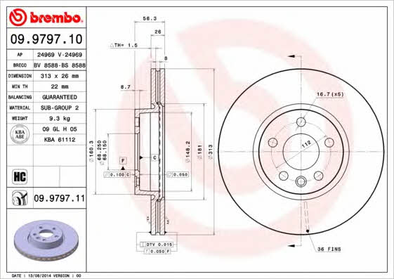 Тормозной диск вентилируемый, 1 шт. Brembo 09.9797.11