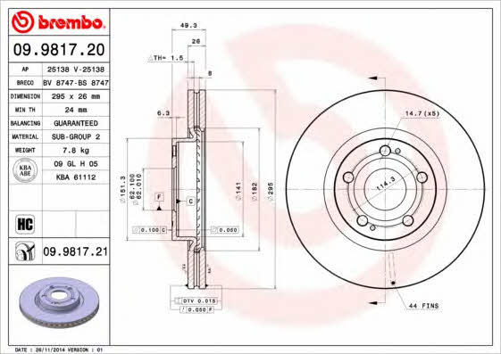 Тормозной диск передний вентилируемый Brembo 09.9817.20