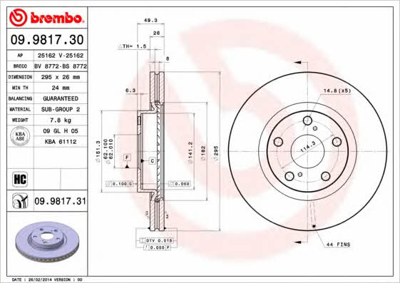 Тормозной диск передний вентилируемый Brembo 09.9817.31