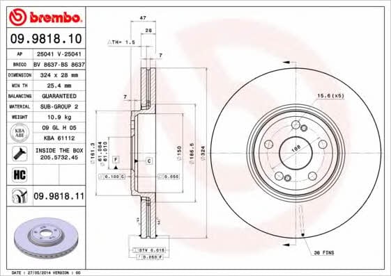 Тормозной диск передний вентилируемый Brembo 09.9818.10