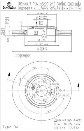 Тормозной диск передний вентилируемый Brembo 09.9818.11