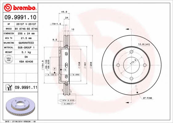 Тормозной диск вентилируемый, 1 шт. Brembo 09.9991.11