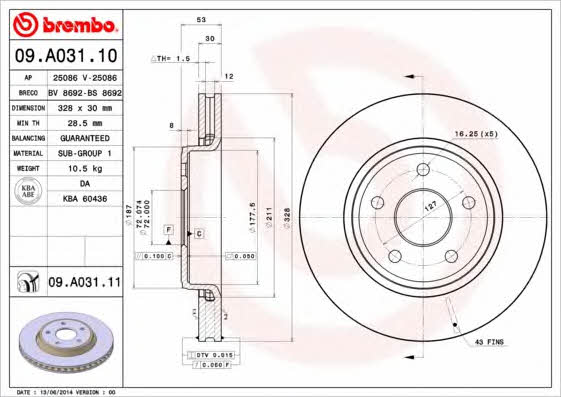 Тормозной диск передний вентилируемый Brembo 09.A031.10
