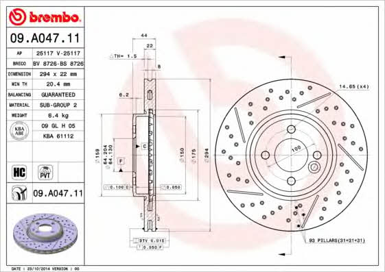 Тормозной диск передний вентилируемый Brembo 09.A047.11