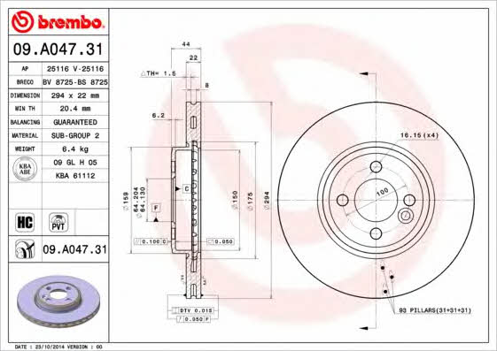 Тормозной диск передний вентилируемый Brembo 09.A047.31