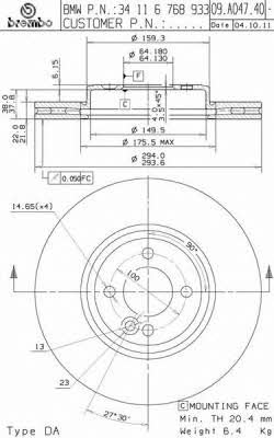 Тормозной диск вентилируемый, 1 шт. Brembo 09.A047.41