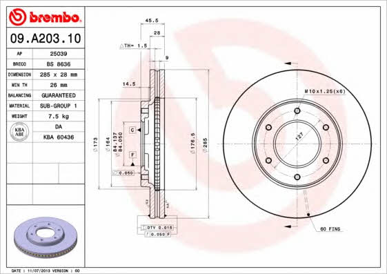 Диск гальмівний вентильований, 1 шт. Brembo 09.A203.10