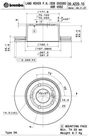 Тормозной диск вентилируемый, 1 шт. Brembo 09.A229.11