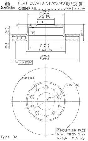 Тормозной диск вентилируемый, 1 шт. Brembo 09.A235.20
