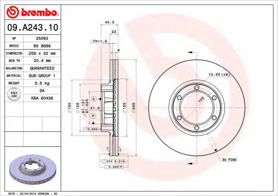 Тормозной диск вентилируемый, 1 шт. Brembo 09.A243.10
