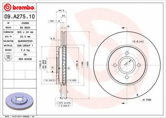 Тормозной диск вентилируемый, 1 шт. Brembo 09.A275.10