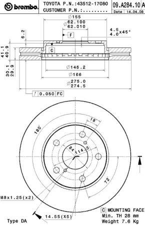 Тормозной диск передний вентилируемый Brembo 09.A284.10
