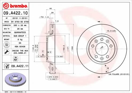 Тормозной диск передний вентилируемый Brembo 09.A422.10