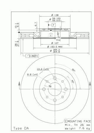 Тормозной диск вентилируемый, 1 шт. Brembo 09.A444.11