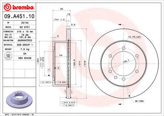 Тормозной диск задний вентилируемый Brembo 09.A451.10