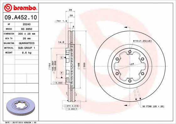 Тормозной диск вентилируемый, 1 шт. Brembo 09.A452.10