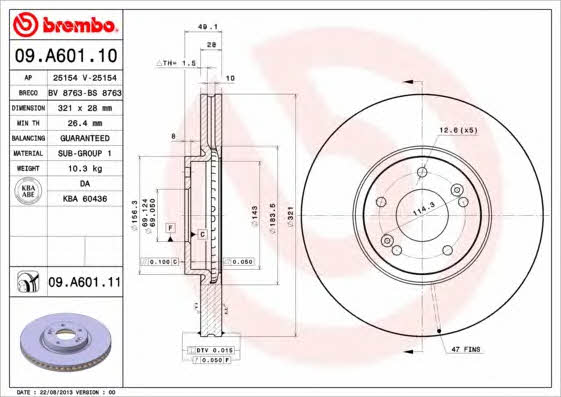 Тормозной диск передний вентилируемый Brembo 09.A601.10
