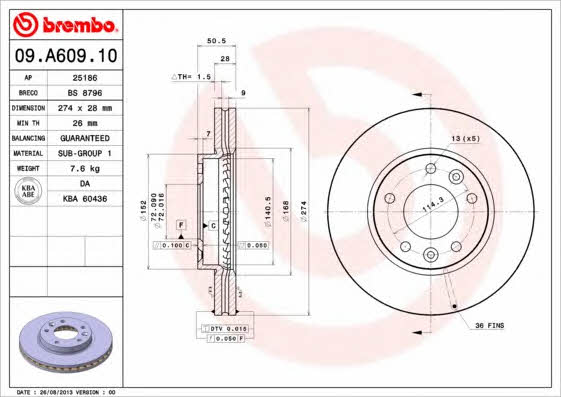 Тормозной диск передний вентилируемый Brembo 09.A609.10