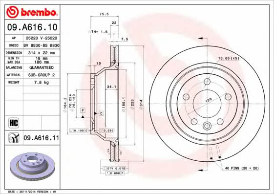 Тормозной диск задний вентилируемый Brembo 09.A616.10
