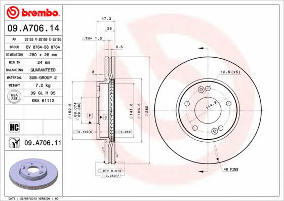 Тормозной диск передний вентилируемый Brembo 09.A706.11