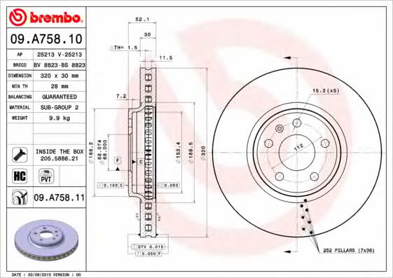 Тормозной диск вентилируемый, 1 шт. Brembo 09.A758.11