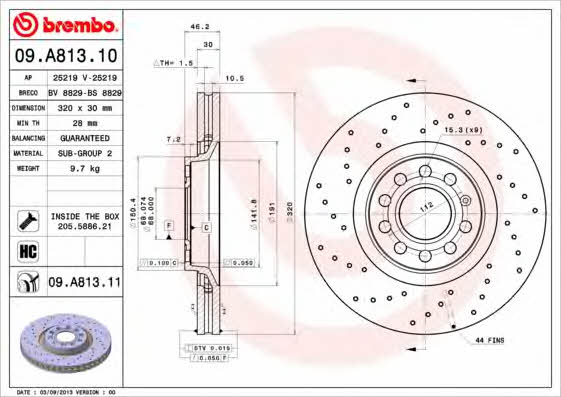 Тормозной диск вентилируемый с перфорацией Brembo 09.A813.11