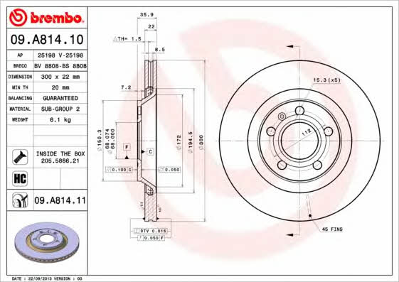 Тормозной диск задний вентилируемый Brembo 09.A814.11