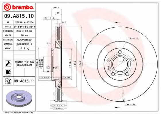Тормозной диск передний вентилируемый Brembo 09.A815.11