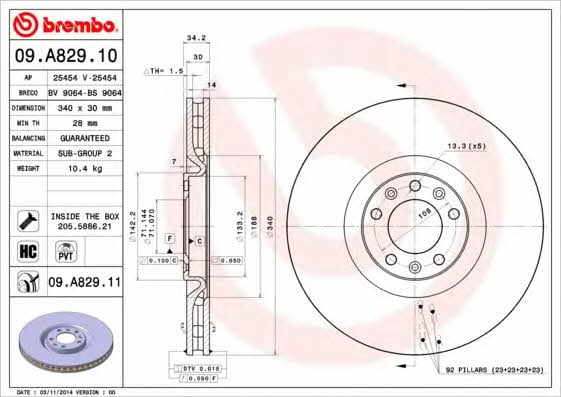 Тормозной диск вентилируемый, 1 шт. Brembo 09.A829.11